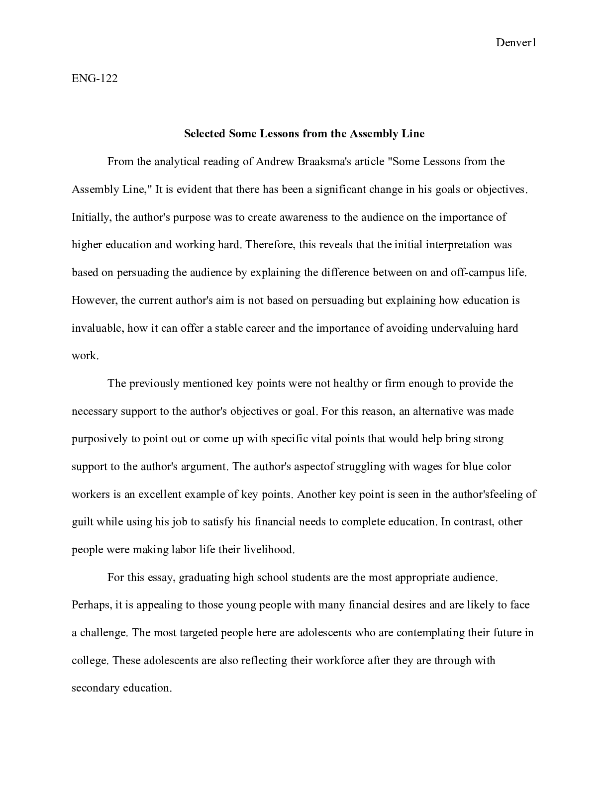 Preview image for ENG 122 writiing plan.docx  ENG-122  Selected Some Lessons from the Assembly Line  From th